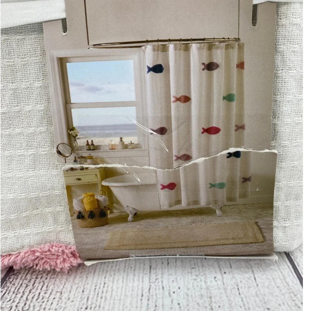 Novogratz Shower Curtain Cream Tufted Fish Waffle Weave 100% Cotton Coastal